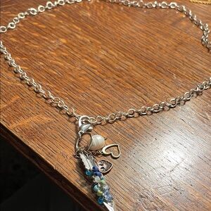 Silver Chain Necklace with Blue Bead Accents and Pearl Charm